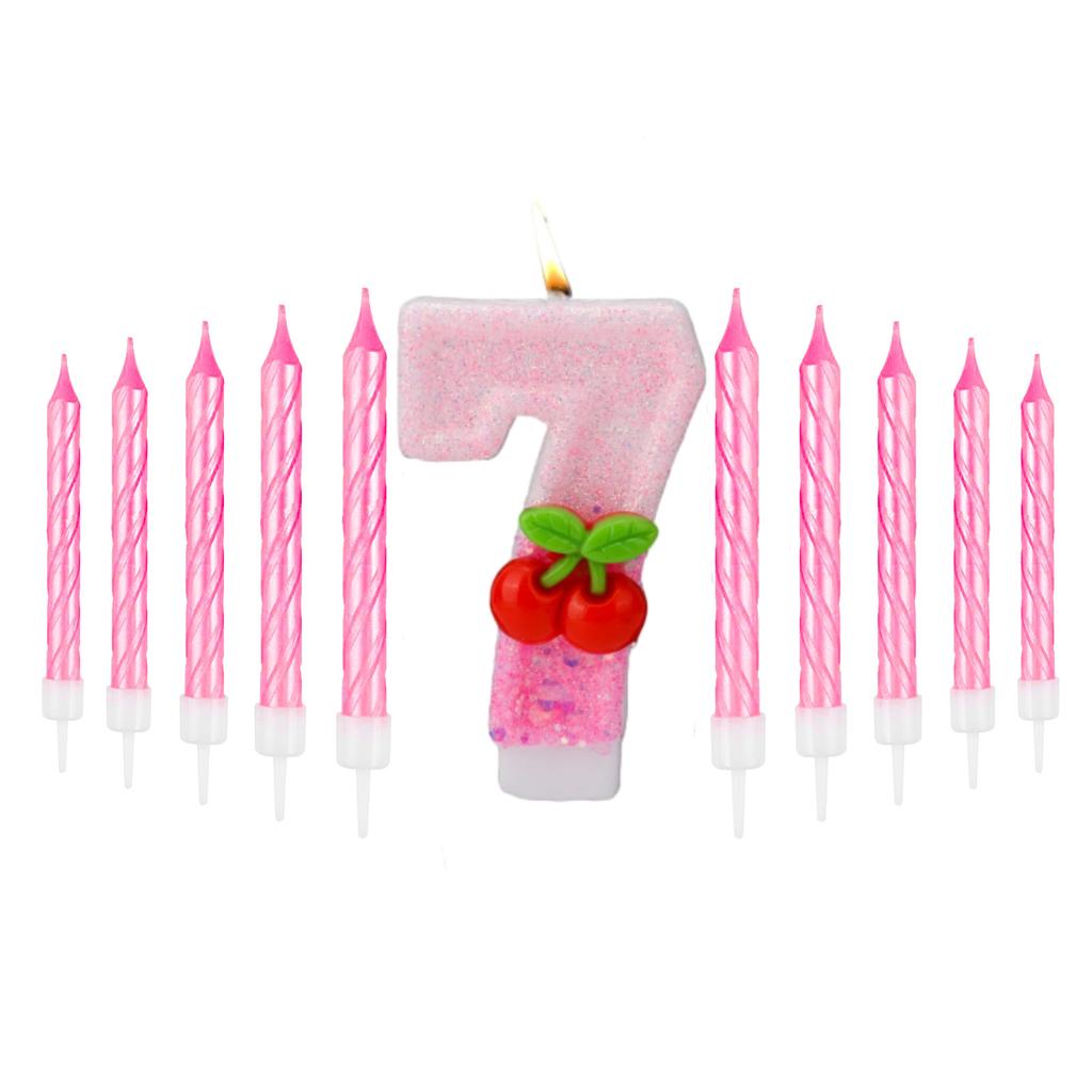 11pcs Cherry Birthday Number 0-9 Candles,Sequins Pink Cupcake Toppers Decorations for Women Girls Birthday Party Supplies Decors
