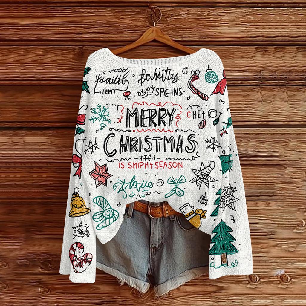 Women's Round Neck Lightweight Sweater Casual Long Sleeve Christmas Print Knit Pullover