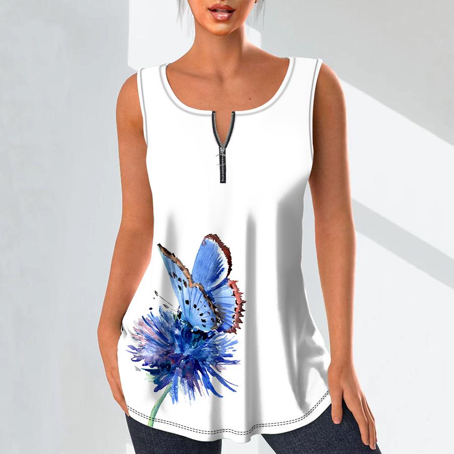 

Женская мода Рубашки с V-образным вырезом Повседневные топы Футболка Женская жилетка с 3D-синим принтом цветов и бабочек Блузка без рукавов больших размеров Топы на бретелях 3XL