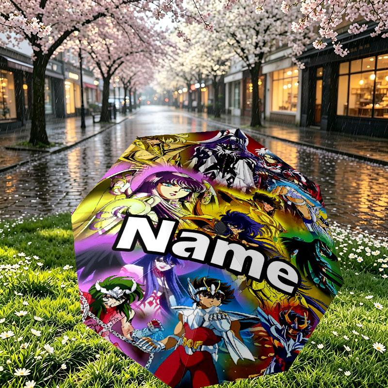 Custom Name Personalized Saint Seiya Print Umbrella, Auto Open Close, 8‑Rib Sturdy Frame, Commute Camping Hiking Use, Birthday Gift