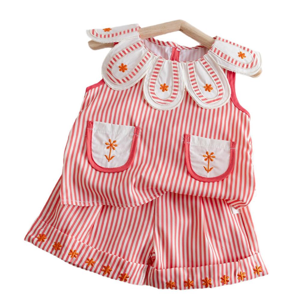Summer Girls Embroidered Striped Vest And Shorts Set Toddler Baby Fashionable Casual Two Piece Outfit For Little Kids