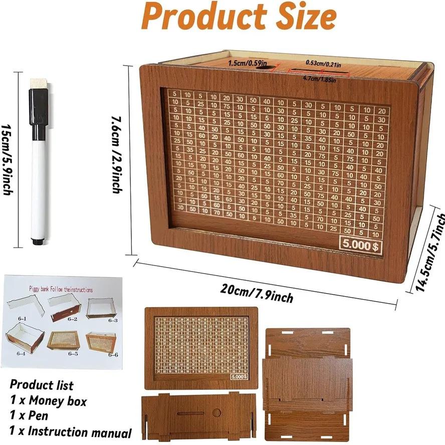 Wooden Piggy Banks, Dollar Cash Boxes, Reusable Assembled Cash Boxes, Home Decor, with Savings Goals and Numbers