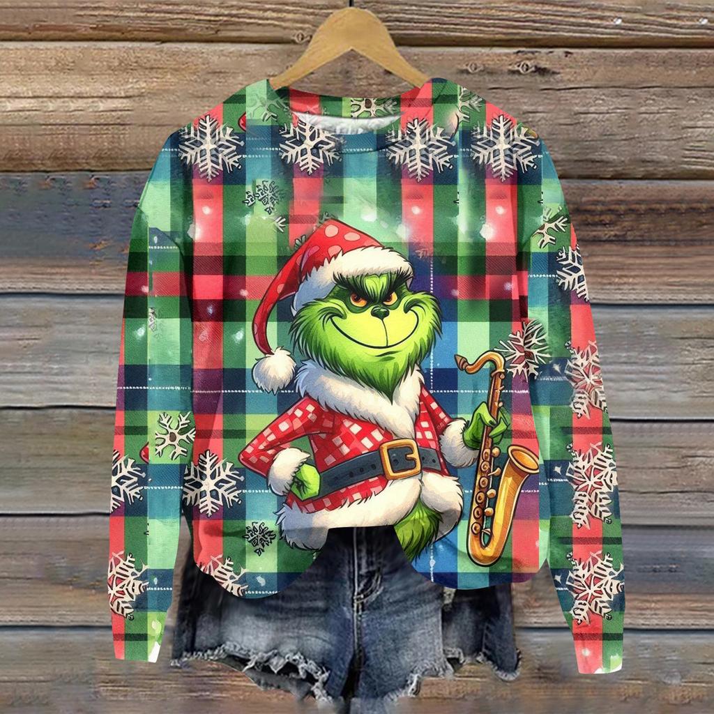 Ladies' Christmas Greentown Print Casual Long Sleeved Round Neck Sports Hoodie Top