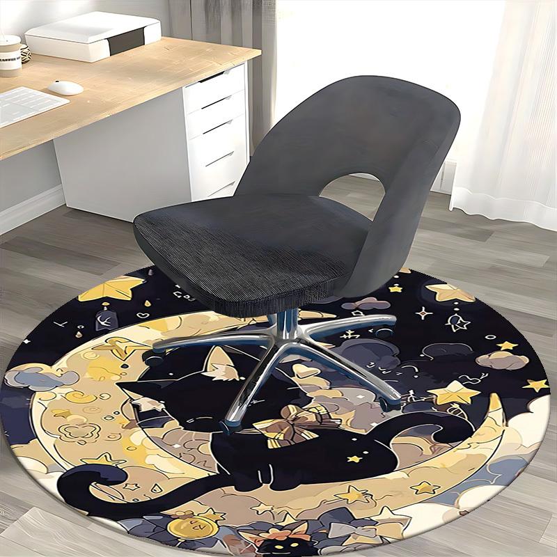 1pc Anime Design Black Cat Moon Starry Sky Round Carpet Office Chair Mat, Non Slip Rug for Home Decor, Living Room, Bedroom, Game Room, Festival Gift