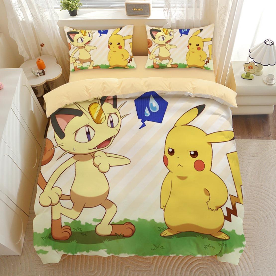 Kawaii Leuke Pikachu Beddengoed Sets P-Pokémon Dekbedovertrek Met kussensloop Kinder Set Kamerdecoratie Cadeau AU Single(140*210cm)3pcs