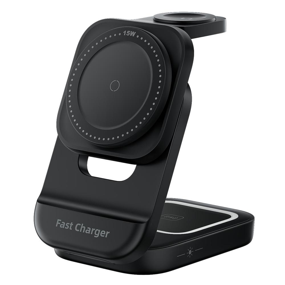 HT-542 3 in 1 Foldable 15W Magnetic Wireless Charger for Phone/Earbuds/Watch Phone Stand with Night Light