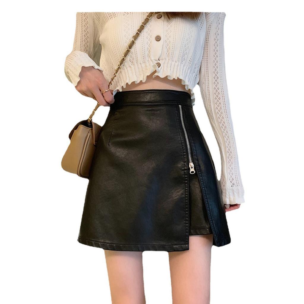 Versatile skirt children's spring and autumn fashion zipper PU leather skirt, thin high-waisted a-word culottes