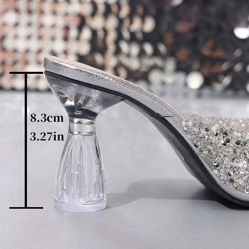 Fashion Fashion Sequins Peep Toe Slippers Woman Summer Open Toe Transparent Heels Sandals Female New Non Slip Thick Heel Slides Mujer