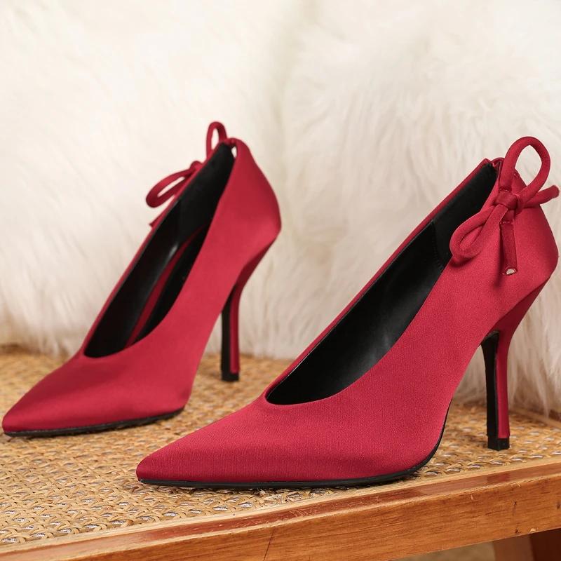 

Модные Элегантные Красные Атласные Туфли-Лодочки с Бантом Женские Модные Остроносые Неглубокие На Тонком Каблуке Дизайнерские Туфли Комфорт Свадебные Свадебные Туфли 42 красный
