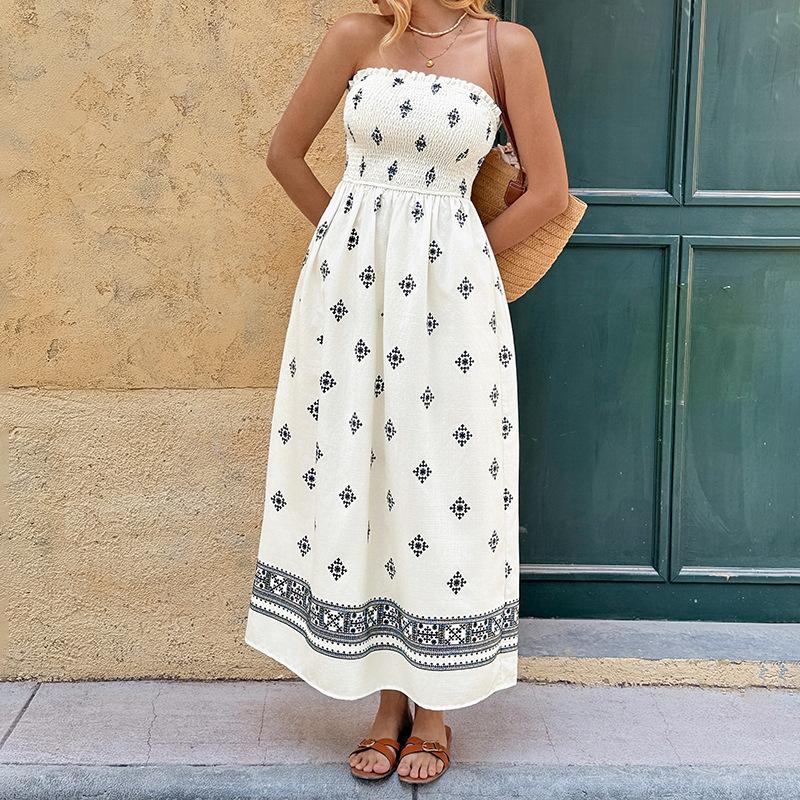 

Boho Graphic Print Strapless Maxi Dress for Women Sexy Sleeveless Causal Summer Vacation Flowy Dress XL