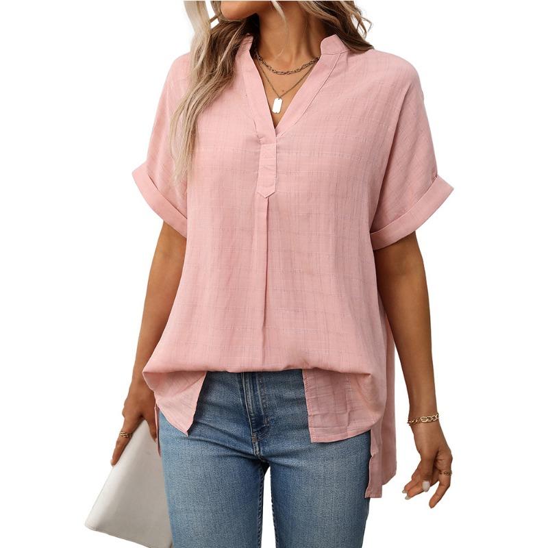 קיץ חולצת משבצות פסים רפויה לנשים עם שרוולים קצרים וצווארון וי