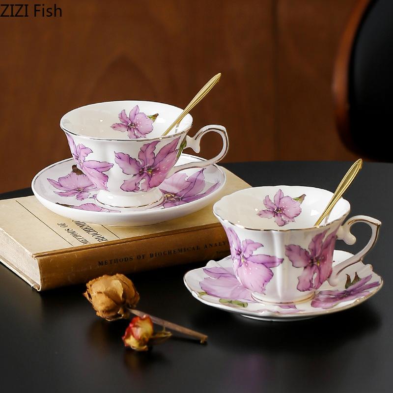 Purple Lily Pattern Mugs Porcelain Cup&saucer Tableware Gilding Coffee Mug Dining Table Afternoon Tea Teacup Fruits Juice Cup