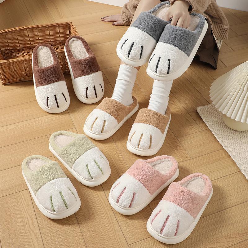 Cartoon Cat Paw Plush Slippers - Soft Indoor Cotton Warmth for Women, Fall & Winter Comfort
