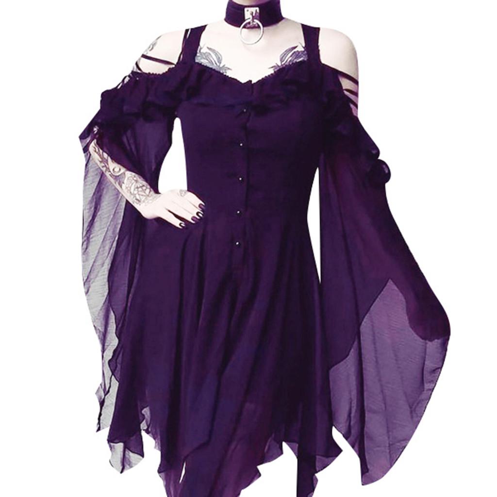 Damenmode Dark In Love Rüschenärmel schulterfreies Gothic-Midikleid