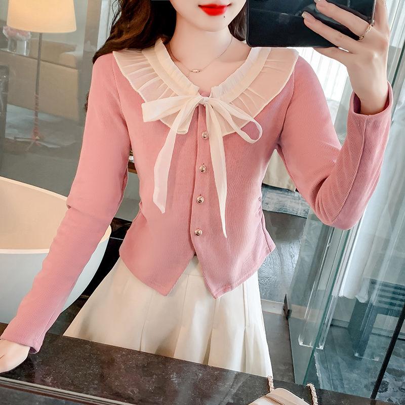 Spring New Style French Hepburn Style Bow Chic Lace Collar Sweet Slimming Fashionable and Versatile Long-sleeved Top for Women