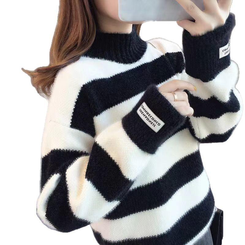 Chenier Pullover Herbst und Winter lockere Oberbekleidung lässig Imitation Nerz Halbrollkragen gestreifter Kontrastpullover Damen Explosion