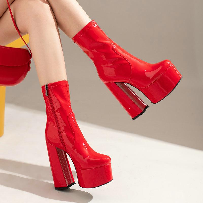 Women Ankle Boots Platform Square High Heel Ladies Short Boots