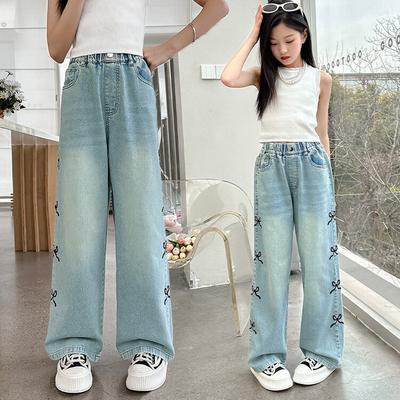 Jeans de Verano Finos con Costura Lateral para Niñas, con Lazo Bordado, Holgados Rectos de Pierna Ancha, Pantalones Vaqueros Denim para Adolescentes, Color Puro Lavado