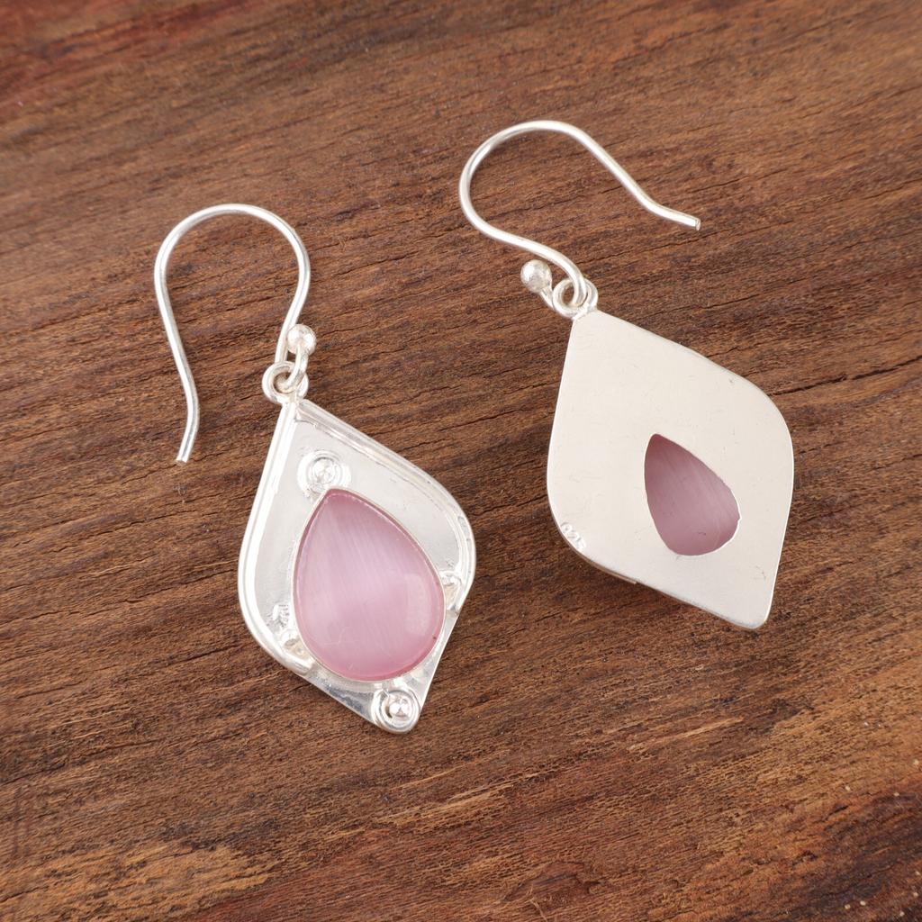 Pierre gemme œil de chat rose Bijoux en argent 925 poinçonné Boucles d'oreilles à crochet faites à la main 1,90" EE-35-44
