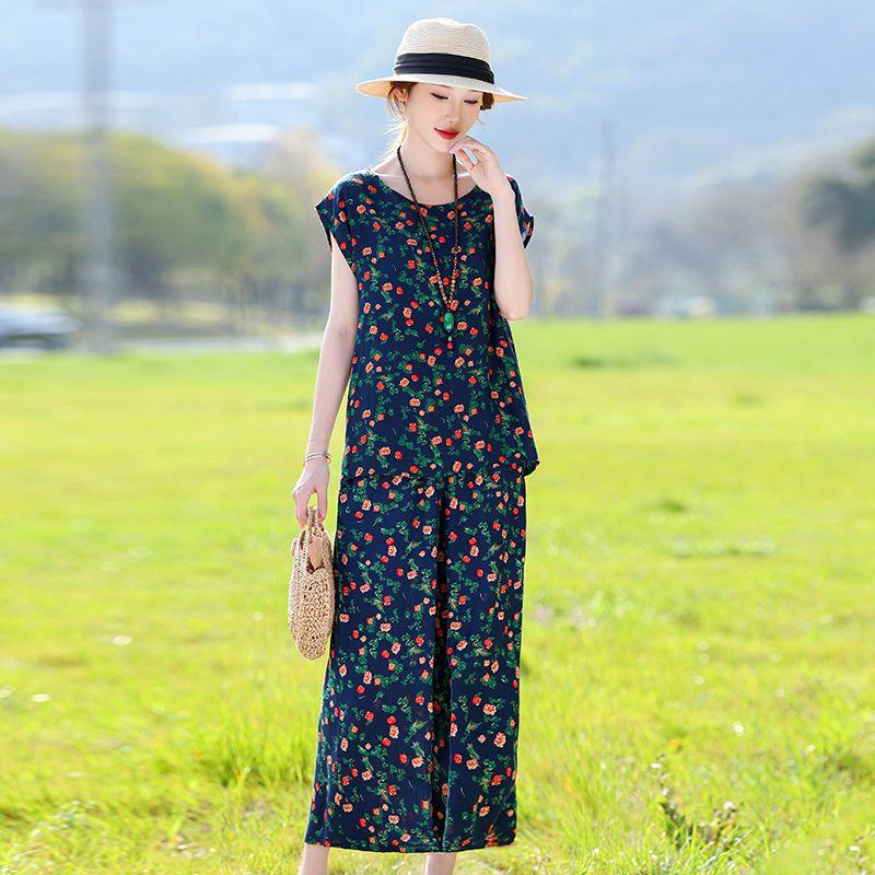 Cotton Silk Two Piece Set Womens Summer Outfit Loose Short Sleeve T-shirt and Pants Casual Trendy Plus Size