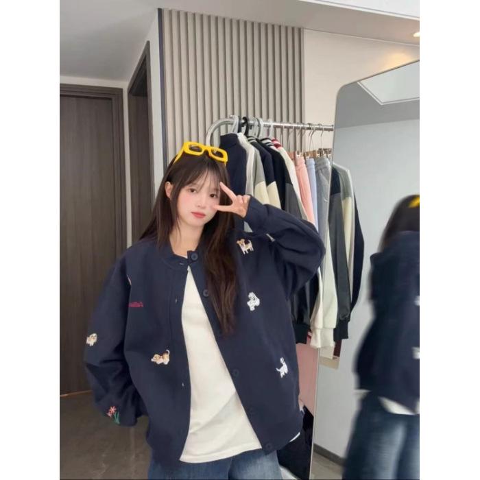 

Cartoon Puppy Embroidered Stand Collar Zip-Up Hoodie Cardigan - Unisex Autumn/Winter Fashion. Extra Large