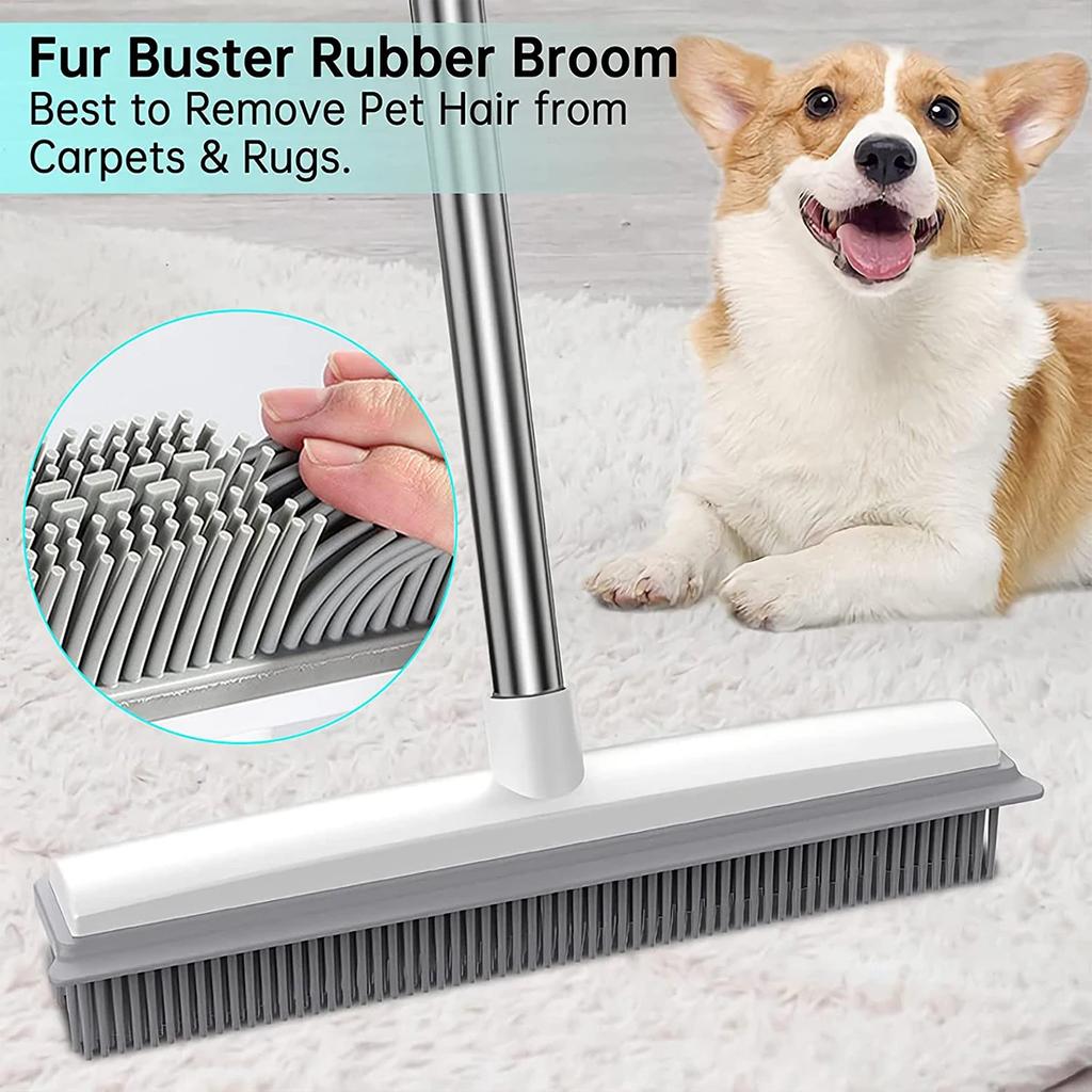 2 In 1 Rubber Broom Carpet Brush with Adjustable Long Handle Soft Push Broom for Pet Cat Dog Hair Fur Removal Carpet Floor Brush