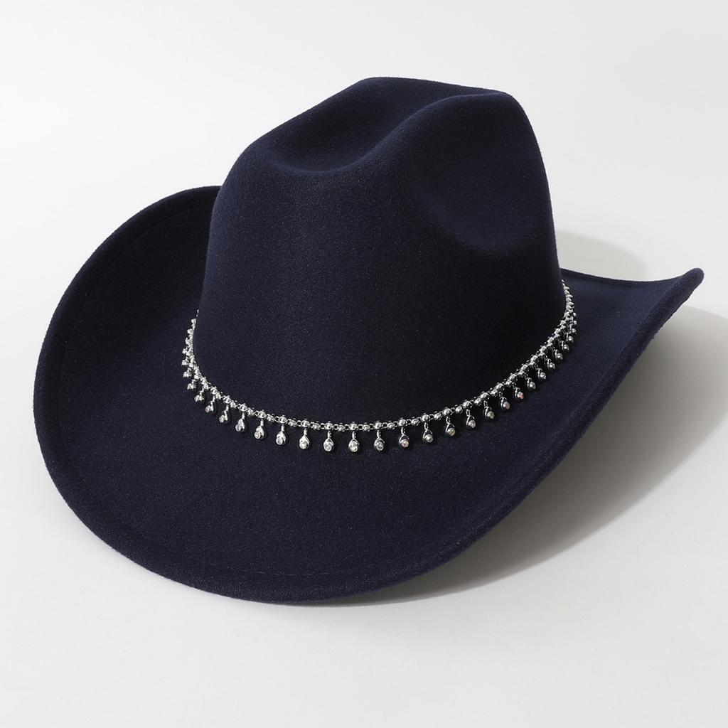 Women's Unisex Western Cowboy Hat with 3D Round Gems, Rhinestones, Rivets, and Chain Decorations, Wedding Party Hat