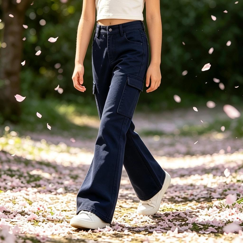 Girls Bell Bottom Pants Flared Leg Casual Color with Pockets for Big Kids