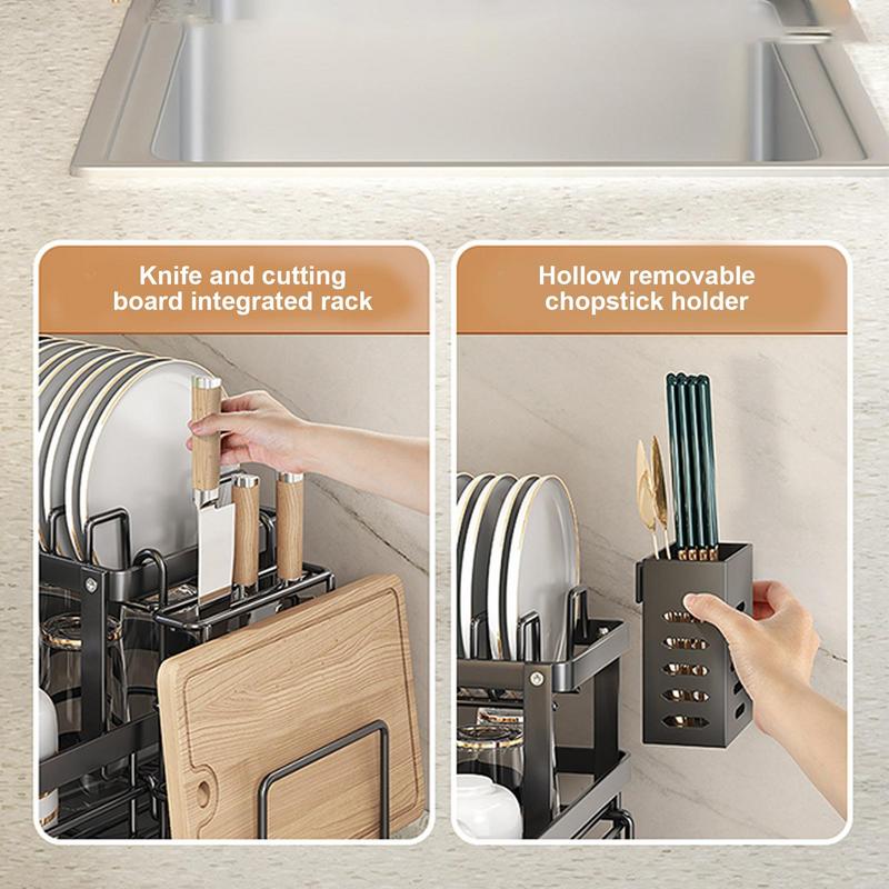 Carbon Steel Dish Drying Rack Kitchen Plates Organizer with Drainboard Over Sink Countertop Cutlery Storage Holder Supplies