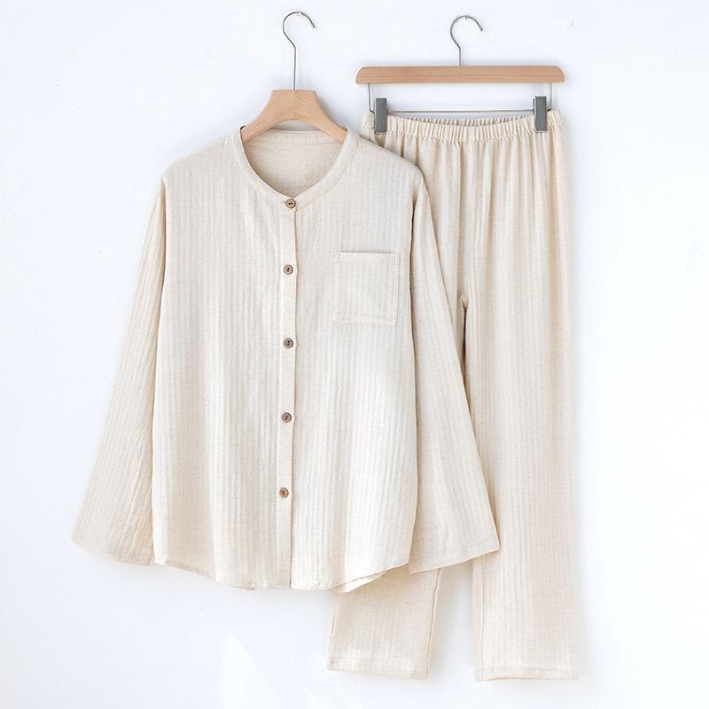 Pajamas Men's Autumn Cotton and Linen New Solid Color Unprinted Style Simple Homewear Long Sleeves Long Pants Loose Homewear Factory
