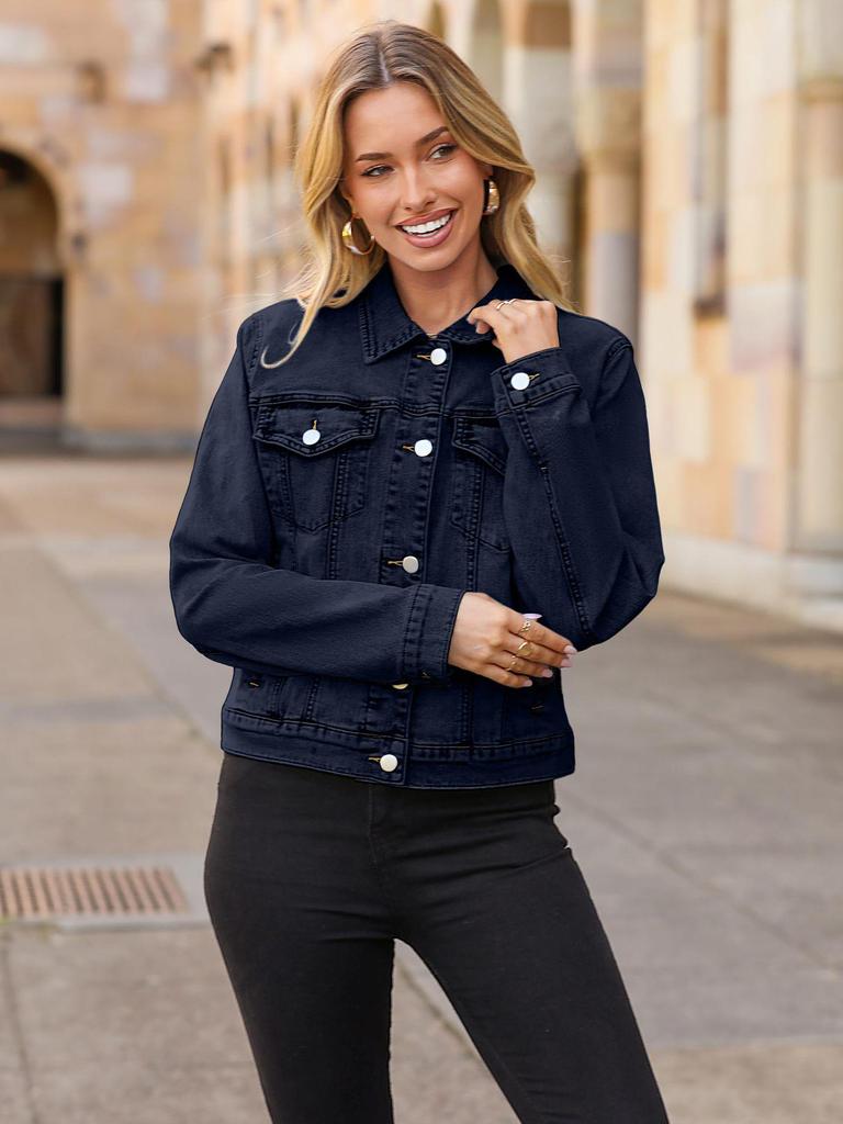2026 Women's Trendy Long-Sleeve Denim Jacket with Pockets and Fitted Shorts