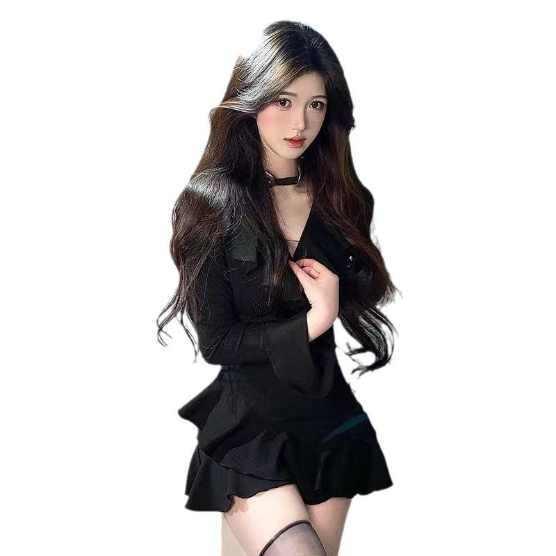 Women's Black Ruffle Bell Sleeve V-Neck A-Line Dress - Elegant Waist-Defining Spring & Autumn Short Skirt