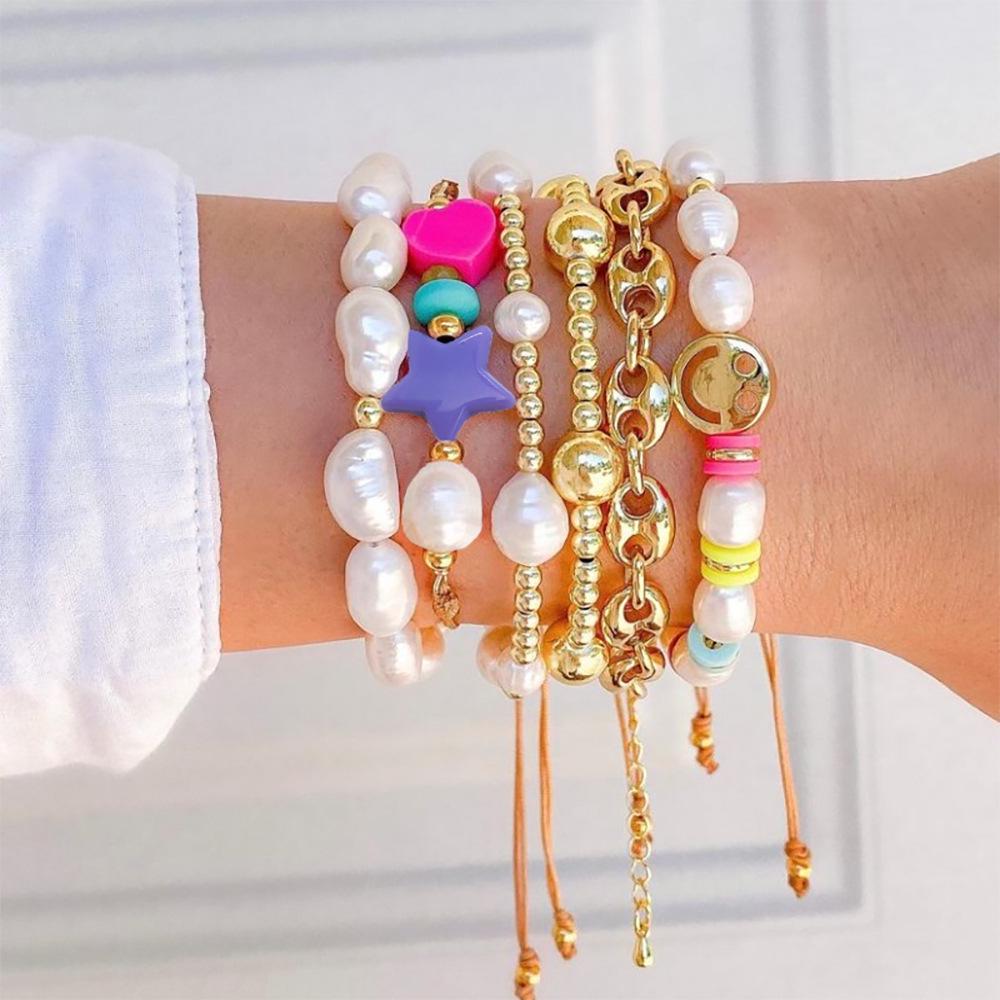 European and American Niche Vacation-Style Layered Women's Bracelet with Pearl, Beads, Smiley Face, and Pig Nose Chain