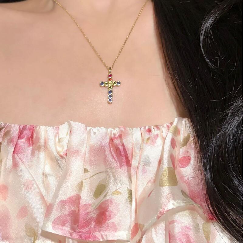Sterling Colorful Zircon Cross Pendant Necklace Women Trendy Locket Chain Sweet Edgy Style