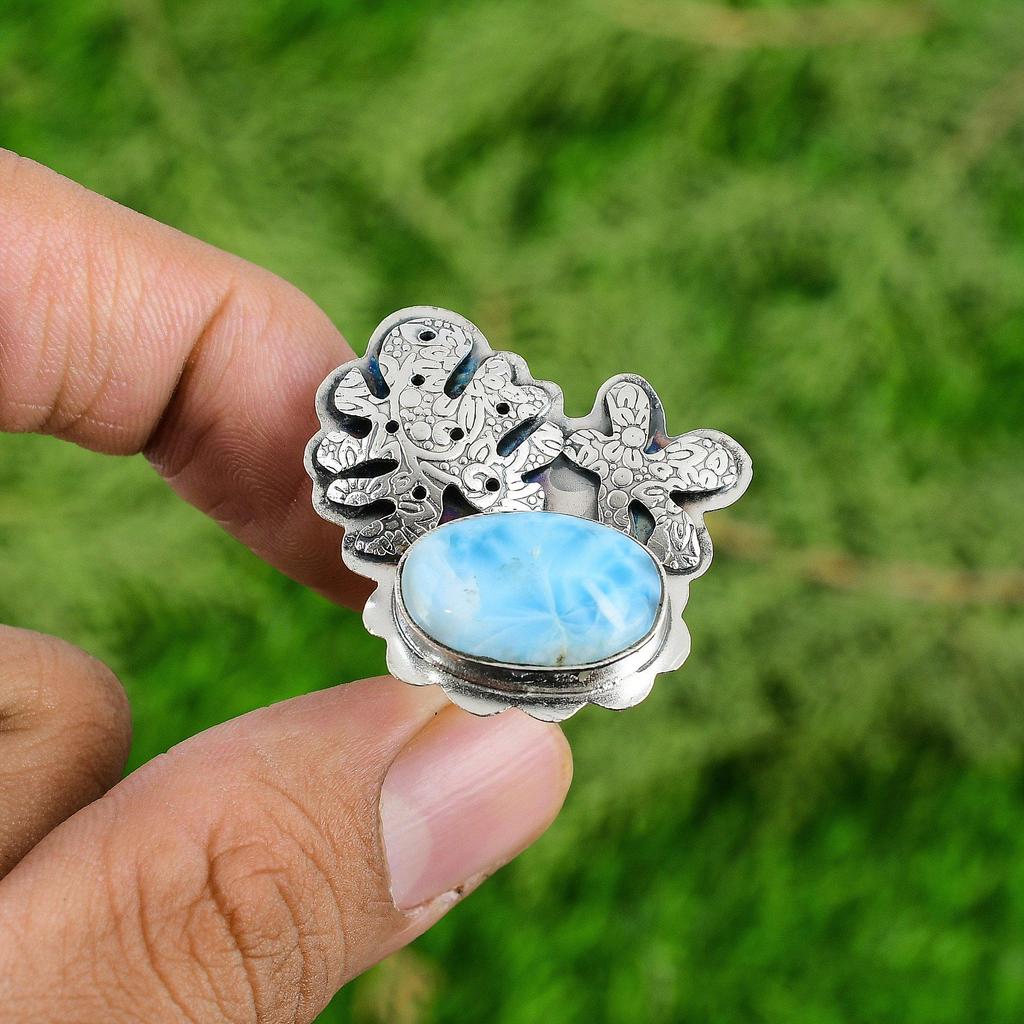 Mothers Day Sale 925 Sterling Silver Natural Larimar Boho Promise Daughter Ring