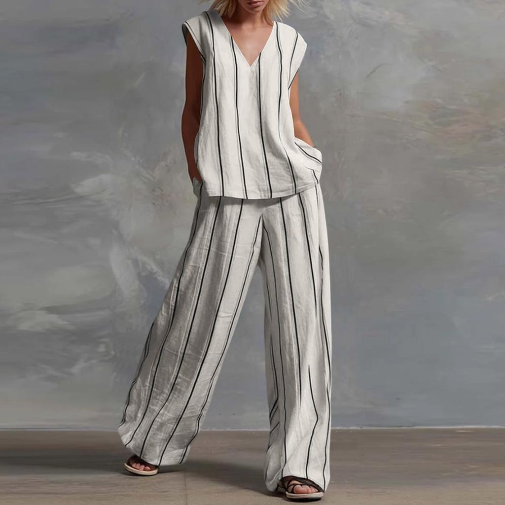 Ladies' Fashionable Casual V-neck Striped Top And Casual Pants Two-piece Set