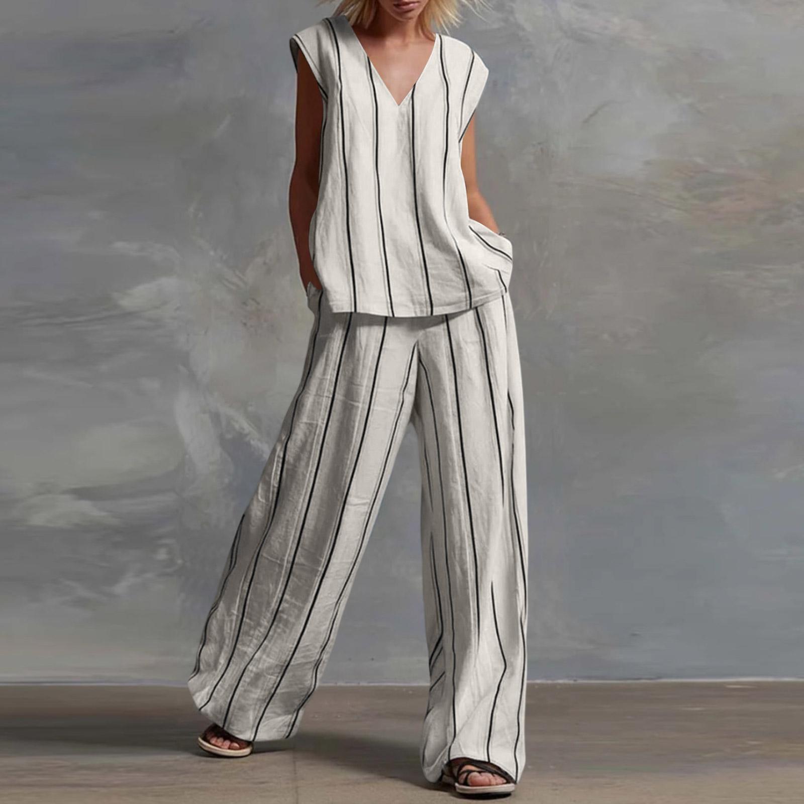 

Ladies Fashionable Casual V-neck Striped Top And Casual Pants Two-piece Set L белый