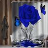 Dunkelblau Rose Schmetterling Muster Duschvorhang Set, Rutschfester Badezimmerteppich, Toiletten-U-förmiges Kissen, Toilettensitzbezug Kissen