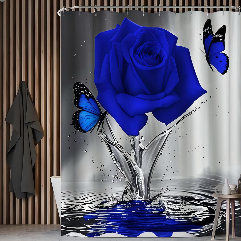 Dunkelblau Rose Schmetterling Muster Duschvorhang Set, Rutschfester Badezimmerteppich, Toiletten-U-förmiges Kissen, Toilettensitzbezug Kissen