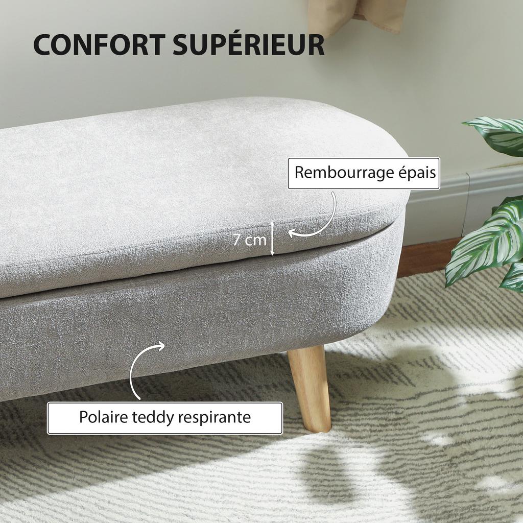 2-in-1 Fabric Storage Bed Bench, Wooden Legs, 110x40x43 cm, Light Grey