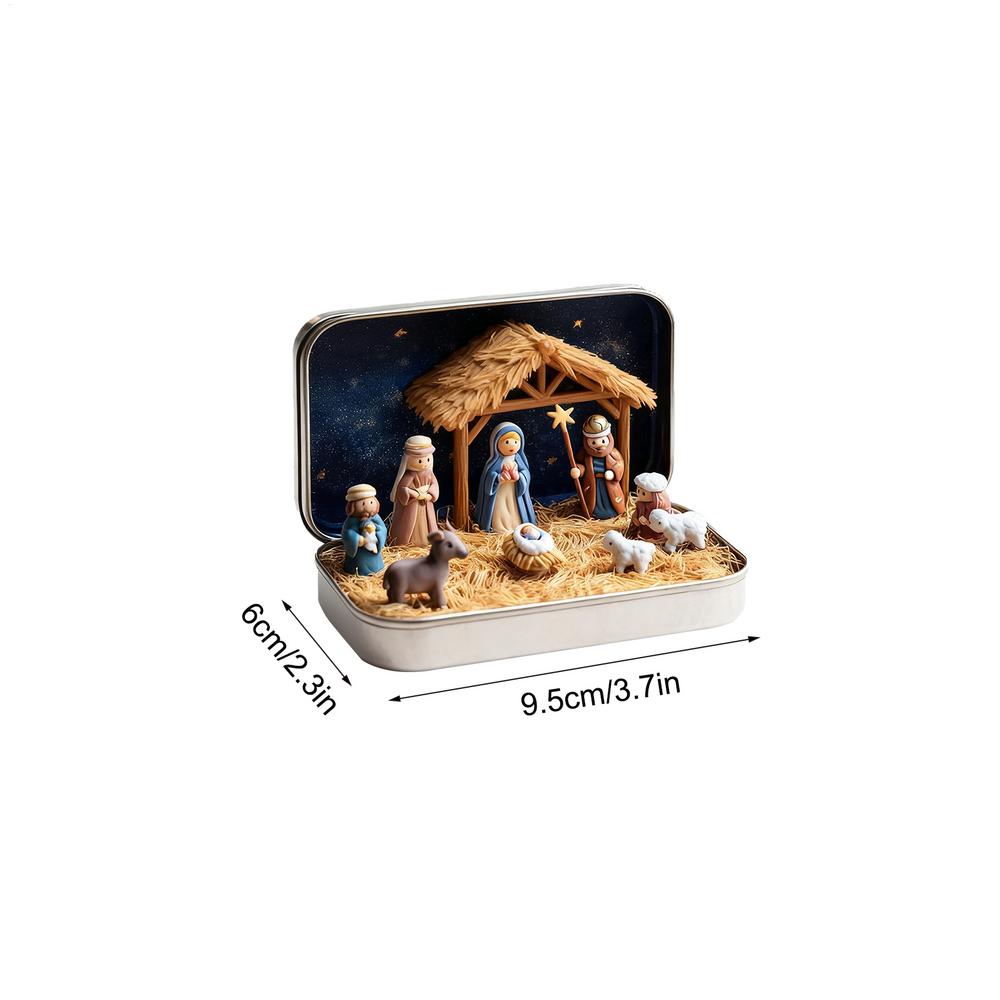 Miniature Nativity Set in Tin Box Desk Christmas Decor Tabletop Religious Ornament for Church Groups Collectors School Classroom