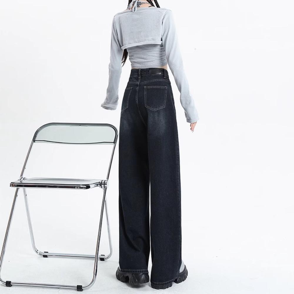 Women's High Waist Wide Leg Jeans Vintage Washed Straight Leg Denim Pants Casual Loose Floor Length Trousers