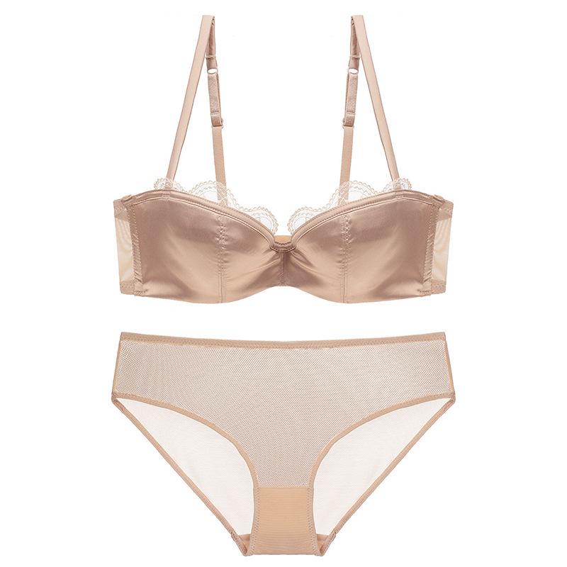 European & American Women's Sexy Lace Underwear Set - Thin Cotton Half Cup Push-Up Tube Top Bra
