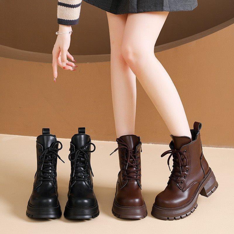 New sub-platform Martin boots women's versatile 2025 locomotive thin boots black autumn and winter single boots lace-up short boots none