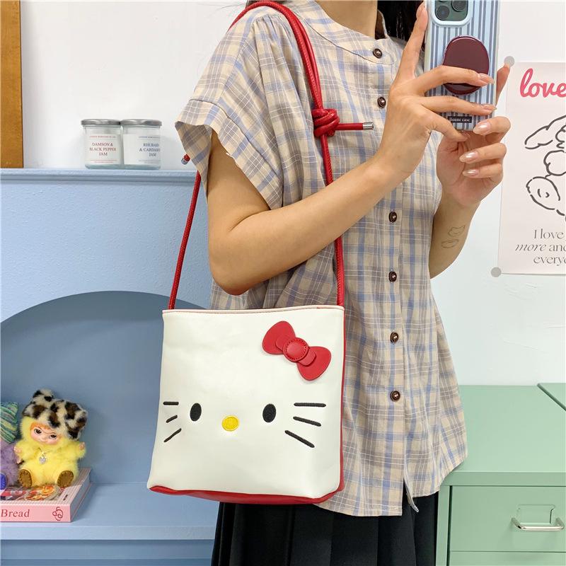 Korean Cute Cat Embroidery Bucket Bag - Stylish Cartoon Shoulder Bag for Women & Students