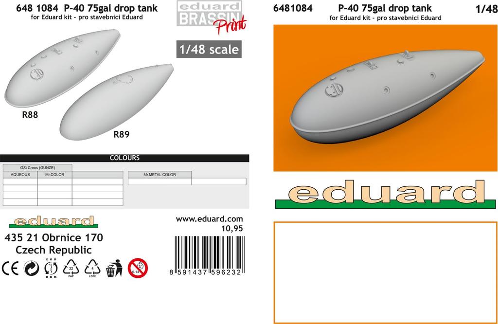 Eduard 1/48 75 Gallon Drop Tank for Brassin P-40 (1 Piece) Plastic Model Kit Parts EDU6481084 (Airplane)