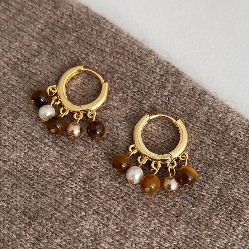 

Mallard Color Block Beaded Hoop Earrings Women Brown Stone Pearl Retro Luxury Elegant Design Ear Accessories Commute Daily Gift