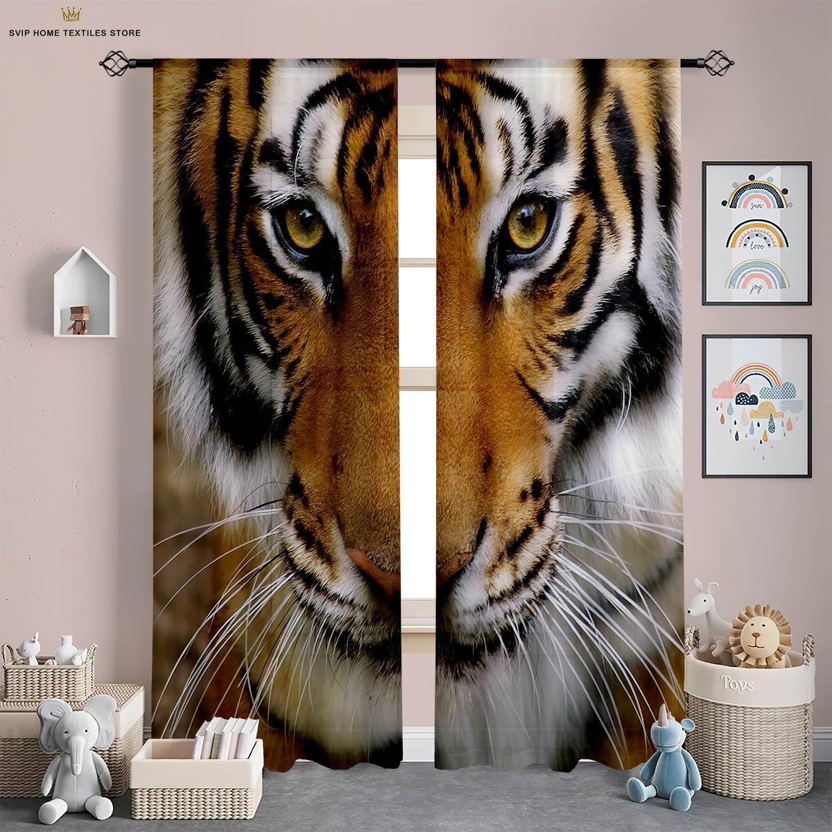 

Creative Tiger And Lion 3D Pattern Printingcurtains For Children Room, Living Space, Study Ornamentalcurtains, Simple To Wash And Care W50X130H(CM)X2PCS&Rod pocket