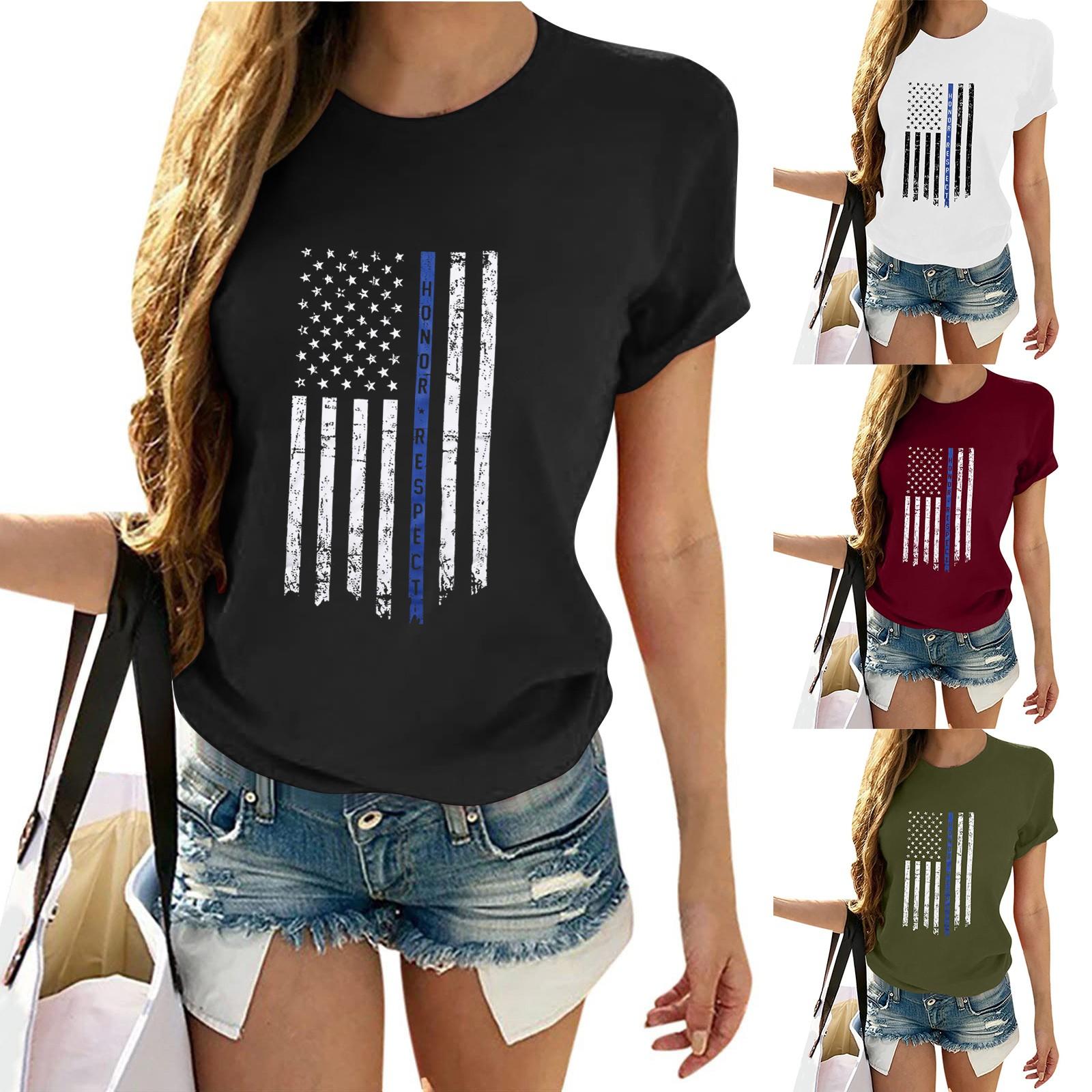 

Женская мода День независимости Печать Повседневная круглая шея с коротким рукавом Футболка Топ