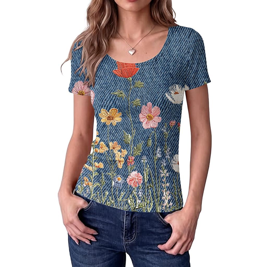Women's Slim Fit Square Neck Vintage Floral Print Short Sleeve Top Stretchy Casual Blouse for Daily Wear and Outdoor Activities